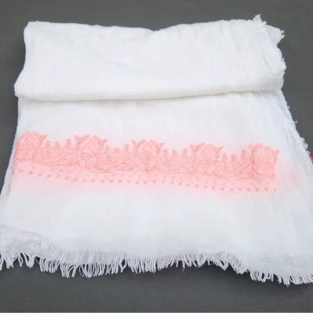 Betsey Johnson Scarf Wrap 100% Cotton Floral White with Pink Embroidery